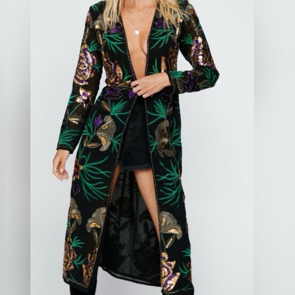 Nasty Gal Black Sequin Floral Long Cape